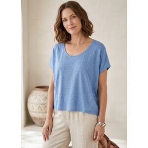 J Jill Love Linen 100% Linen Casual Cap Sleeve Boxy Crew Neck Top L Blue, XLP